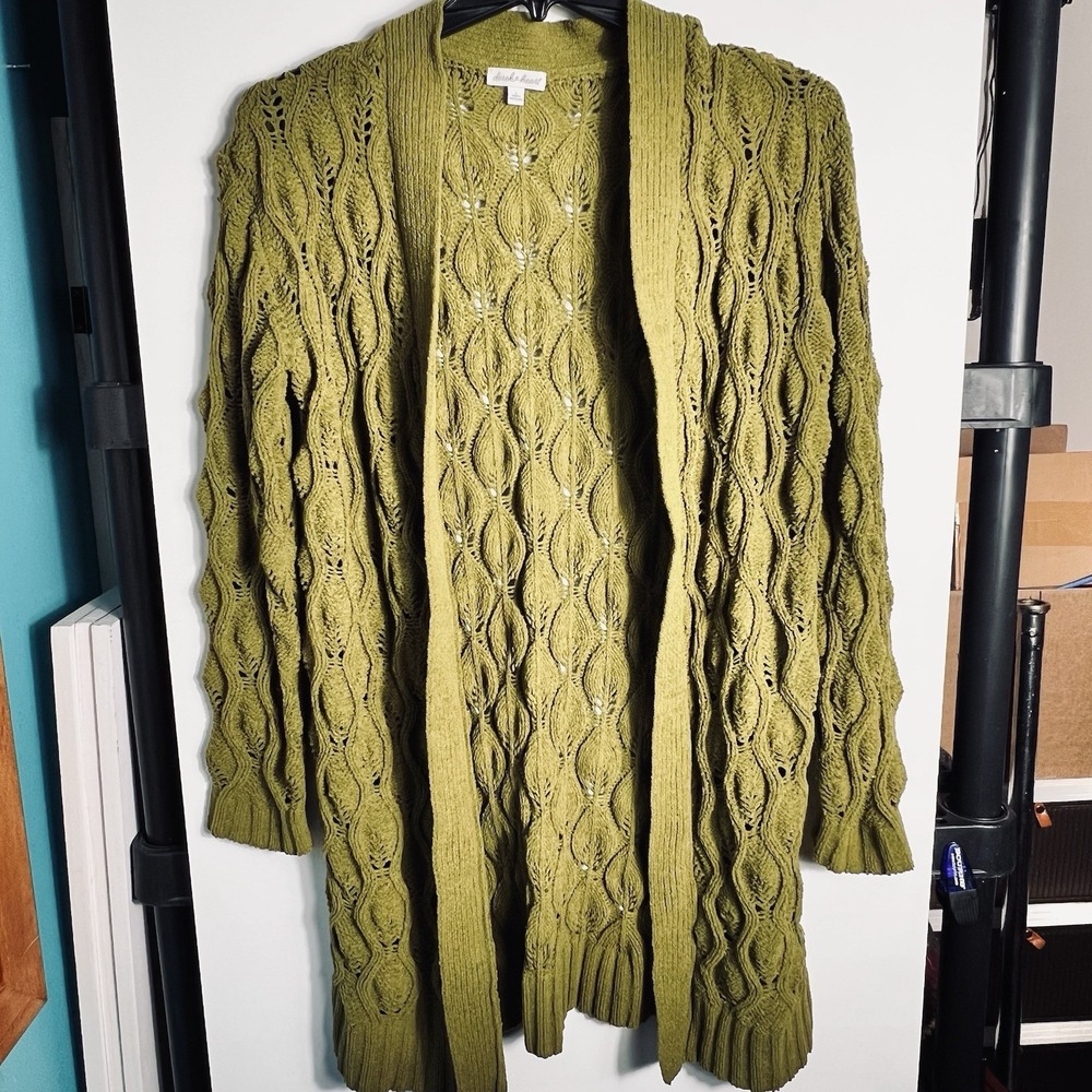 Derek Heart Chunky‎ Knit Women's Large Open Front Longline Cardigan Olive Green